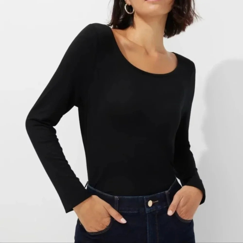 WHBM Long-Sleeve Scoop-Neck Tee, Color Black Size XS